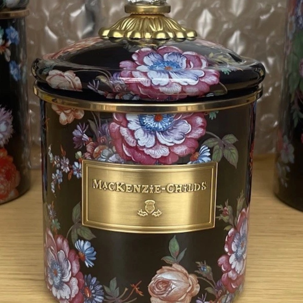 Last 1- Mackenzie Childs black flower market SMALL CANISTER, new